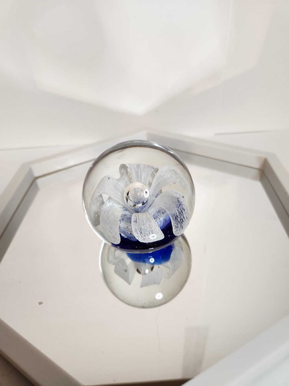 Studio Art Blown Glass Paperweight Round Bubble Iris Flower .